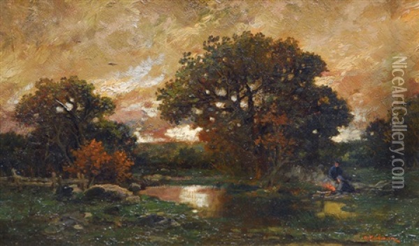 Evening Scene At A Mere Oil Painting - Adolf Kaufmann