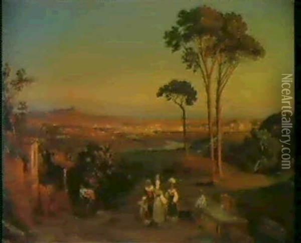 Italienskt Landskab Med Kvinder Ved                         Brond, Udsigt Mod Rom Oil Painting - Gustave Adolph Amberger