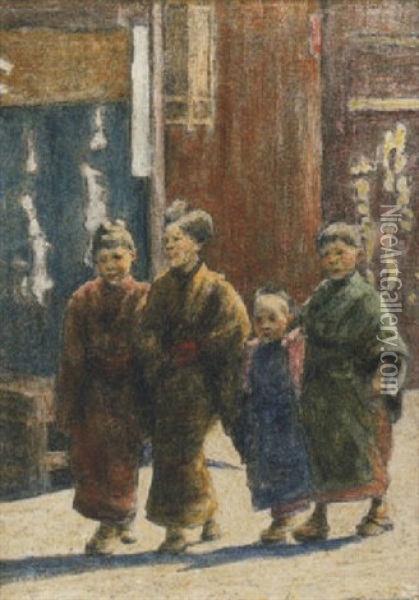 Japanese Children In The Street Oil Painting - Mortimer Luddington Menpes