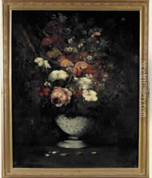 Bouquet De Fleurs Variees Dans Un Vase De Faience Blanche Et Bleue Oil Painting - Germain Theodure Clement Ribot