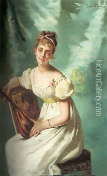 Sittande Kvinna Med Mandolin Oil Painting - Cecile (Mme. Guerin) Ferrere