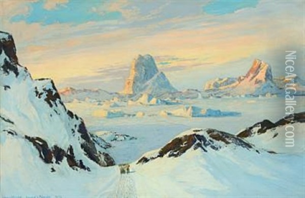 Scenery From Umanak Fjord In Greenland With A Dog Sledge Oil Painting - Emanuel A. Petersen