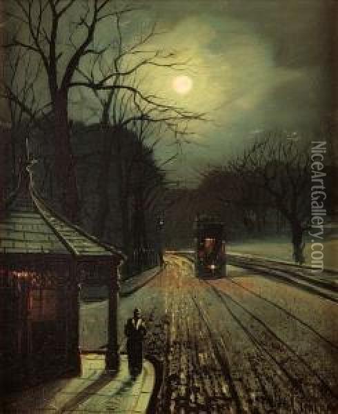 Leeds Tram In The Moonlight Oil Painting - Reginald T. Jones