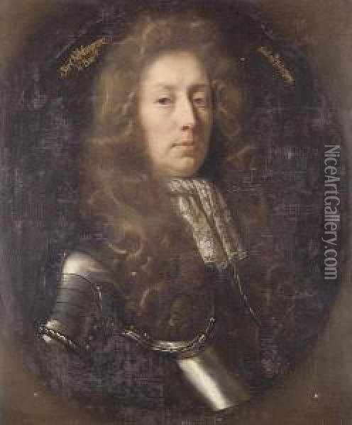 Portrait Of A Gentleman, Said To
 Be Sir Charles Musgrave, Half-length, In Armour With A Lace Jabot, In A
 Painted Oval Oil Painting - John Riley