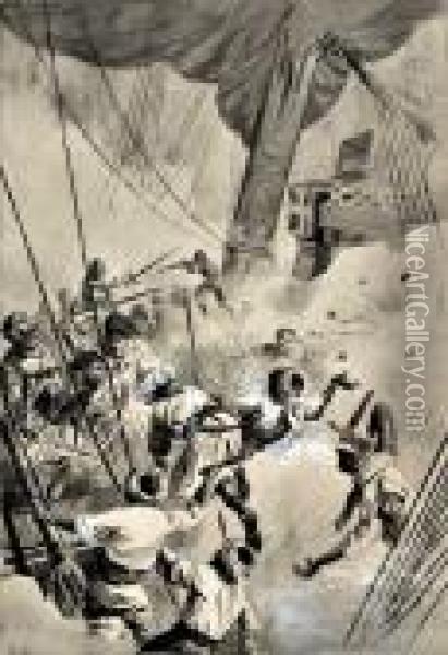 Cenas Da Historia De Portugal - Batalha Naval Oil Painting - Alfredo Roque Gameiro