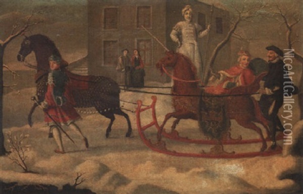 An Elegant Couple In A Horse-drawn Sleigh Outside A Mansion Oil Painting - Karel Breydel