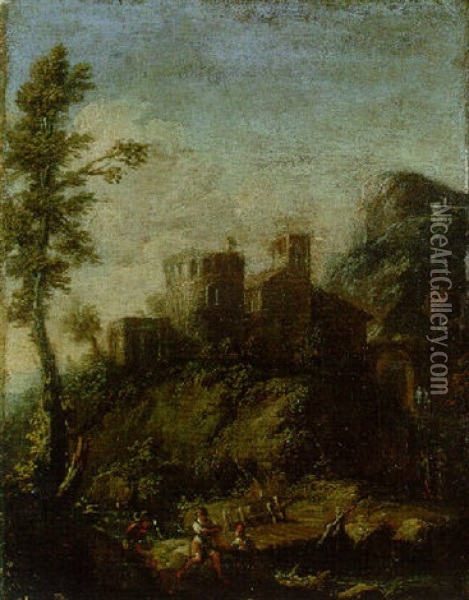 A Mountain River Landscape With A Tower And Buildings, And Peasants By A Bridge Oil Painting - Giovanni (Giambattista) Peruzzini