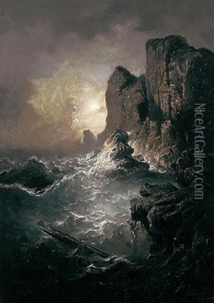Brandung An Steilkuste Mit Schiffbruchigen. Romantische Erzahlung Oil Painting - Jules Coignet