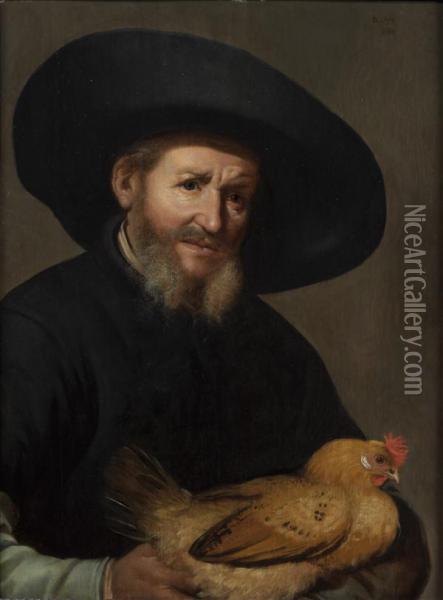 Portrait D'homme Au Chapeau Portant Une Poule Dans Ses Bras Oil Painting - Jacob Gerritsz. Cuyp