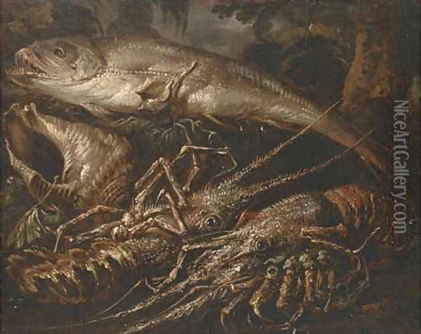 Two lobsters, a salmon and shells on a forest floor Oil Painting - Felice Boselli