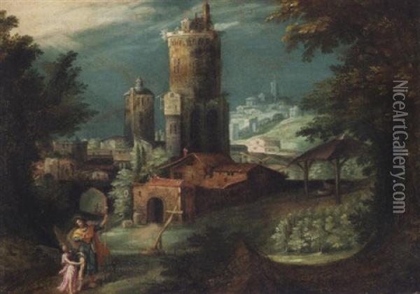 An Extensive Italianate Landscape With Jacob Wresting With The Angel Oil Painting - Jan (Hans) Soens
