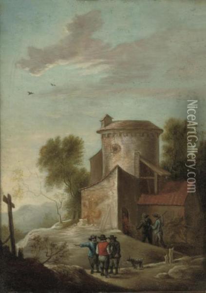 An Extensive Landscape With 
Villagers Washing In The River With A Castle Beyond; And A Landscape 
With Figures On A Path By A Tower Oil Painting - David The Younger Teniers