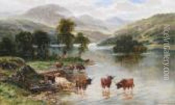 Cattle In The Shallows At Loch Katrine Oil Painting - William Langley