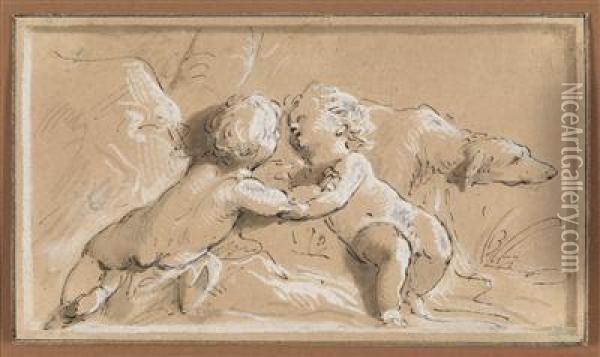 Two Playing Putti And A Dog Oil Painting - Jacob de Wit