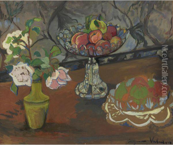 Nature Morte Au Bouquet De Roses, Compotiers De Fruits Oil Painting - Suzanne Valadon