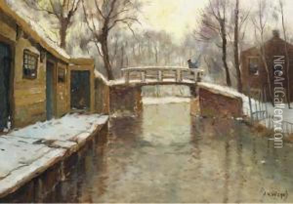 A Village In Winter With A Bridge Over A Stream Oil Painting - Jan Harm Weyns