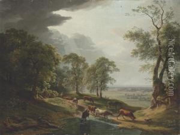 An Extensive Wooded, River Landscape, With Cattle Watering In Theforeground Oil Painting - Hendrik Voogd