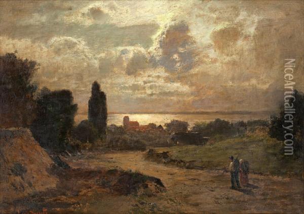 Landscape With A Sunset Oil Painting - Louis, Carl Ludwig Douzette