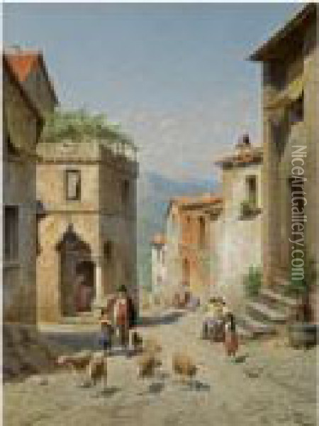 Figures In The Streets Of Frosinone, Italy Oil Painting - Jacques Carabain