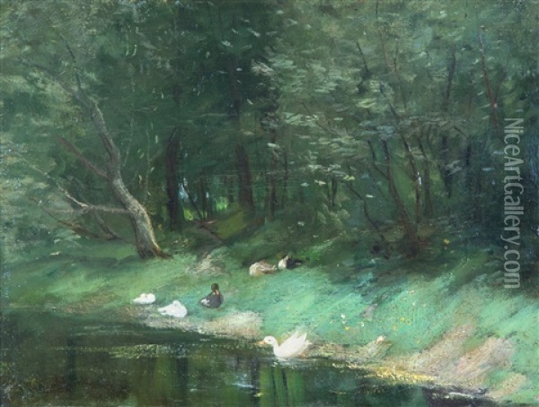 Ducks On A Riverbank Oil Painting - Geo Poggenbeek
