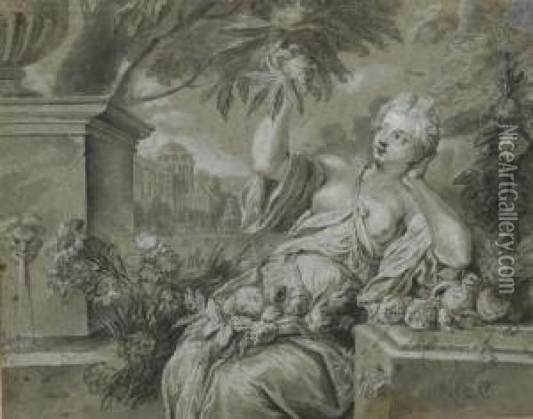 Une Femme Assise Dans Un Jardin, Entouree Des Fleurs, Cueillant Un Fruit Oil Painting - Jean-Baptiste Santerre
