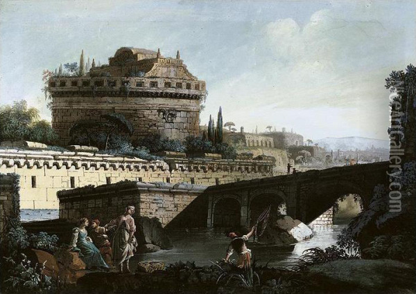 A Fantasy View With Castel Sant'angelo And Figures Oil Painting - Carlo Caccianiga