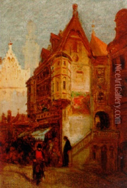 La Tour De L'horologe A Rouen Oil Painting - Louis-Gabriel-Eugene Isabey