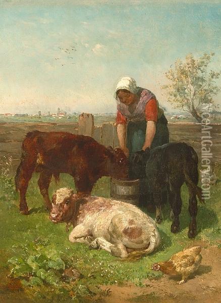 Tending The Calves Oil Painting - Constant Troyon