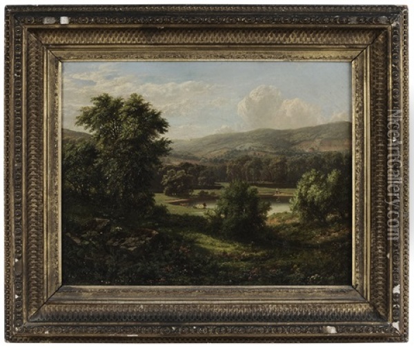 Pastoral Landscape With Figures Fishing Oil Painting - William Mason Brown