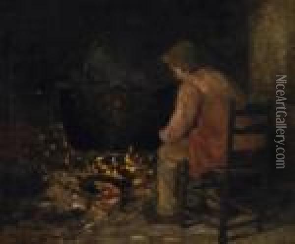 By The Fire. Signed Lower Left: Evert Pieters Oil Painting - Evert Pieters