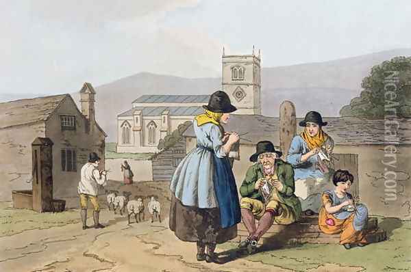 Wensleydale knitters, from Costume of Yorkshire engraved by Robert Havell (1769-1832) 1814 Oil Painting - George Walker