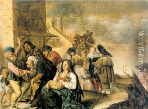 A Village Scene With Figures Dancing And A Lady Giving Alms In The Back Oil Painting - Jan Miense Molenaer
