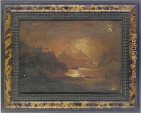Mount Vesuvius Erupting At Night, With Figures In A Boat Oil Painting - Michael Wutky