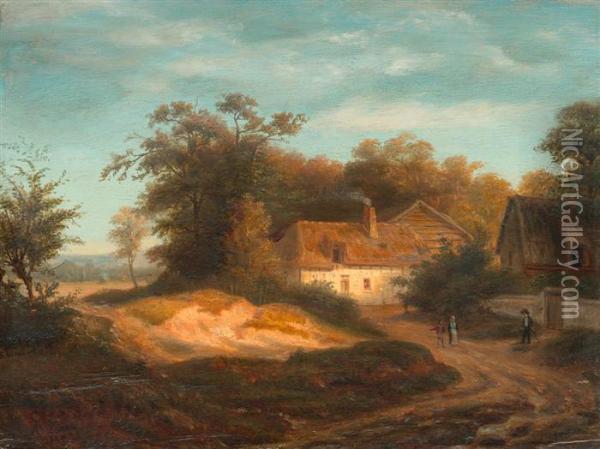Landschaft Mit Bauernhaus Und Personen. Oil Painting - Alexis Ledieu