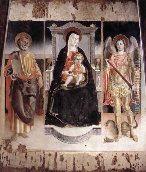 Madonna Enthroned with the Infant Christ, St Peter and St Michael 1472 Oil Painting - Lorenzo Da Viterbo