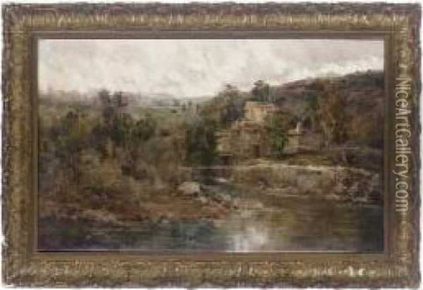 A Farmhouse At The Bend Of The River Oil Painting - Jose Lupianez y Carrasco
