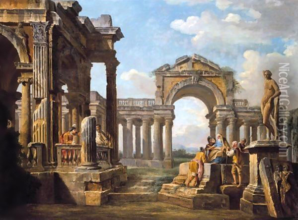 An Architectural Capriccio With A Philosopher And Soldiers Amongst Ancient Ruins Oil Painting - Giovanni Paolo Panini