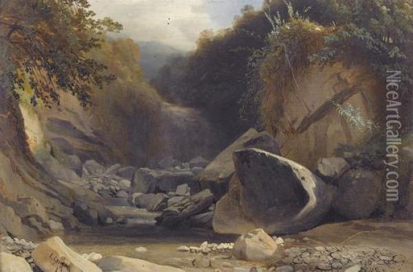 Felsige Wildbachpartie Mit Wasserfall Oil Painting - Charles Louis Guigon