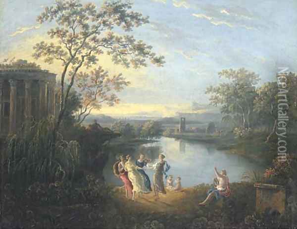 An Arcadian landscape with figures dancing by a river, a ruined castle beyond Oil Painting - Richard Wilson