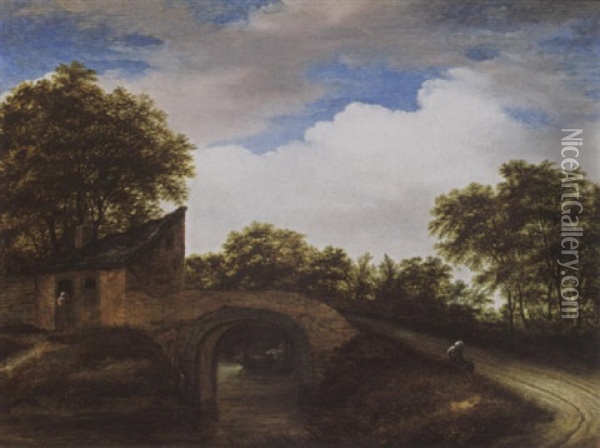 A Wooded Landscape With A Woman Resting On A Path, Fishermen In A Boat Under A Bridge Oil Painting - Godaert Kamper