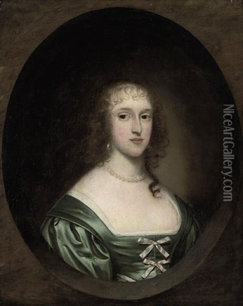 Portrait Of A Lady (lady Bowyer ?) In A Green Dress With Ribbons And A Pearl Necklace In A Sculpted Cartouche Oil Painting - Cornelis Jonson Van Ceulen