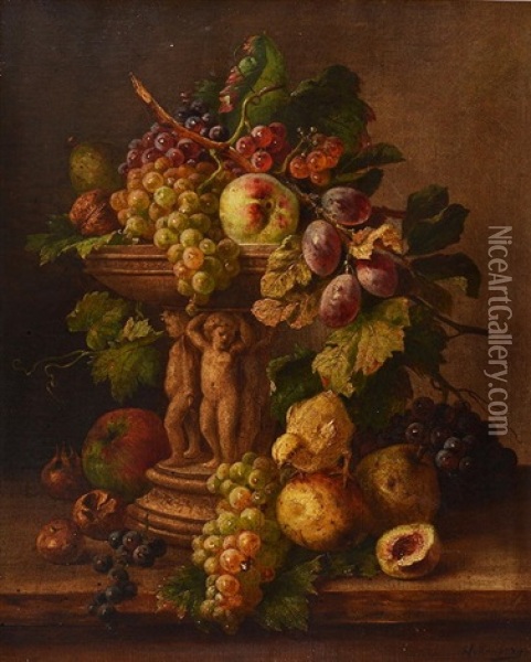 Still Life - Tazza With Mixed Fruit On A Ledge Oil Painting - Franz Hohenberger