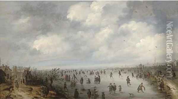 A frozen winter landscape with skaters Oil Painting - Robert van den Hoecke
