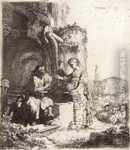 Christ And The Woman Of Samaria Among Ruins Oil Painting - Rembrandt Van Rijn