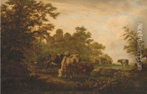 Cows In A Meadow Oil Painting - Anthony Jacobus Offermans