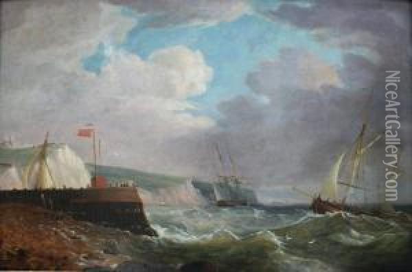 Cutter And A Frigate Off Dover Oil Painting - Thomas Whitcombe