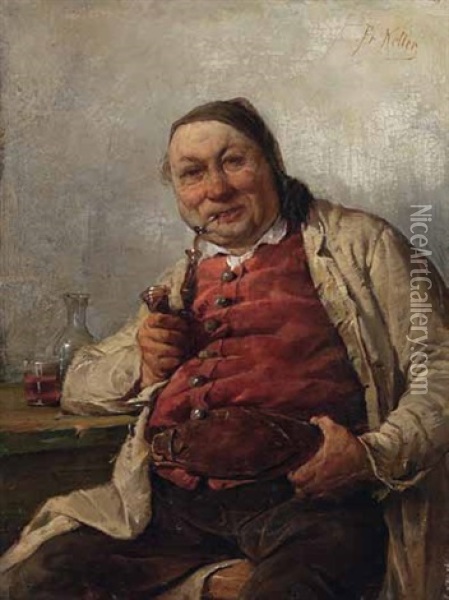 Pfeife Rauchender Bauer, Mit Breiter Geldkatze, Gemutlich Bei Einem Glas Wein Am Tisch Sitzend Oil Painting - Friedrich von Keller