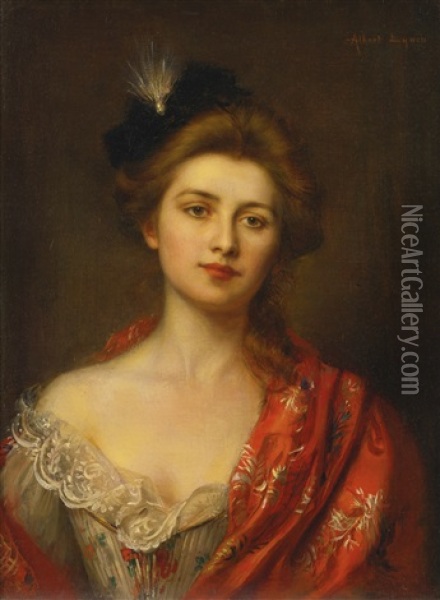 Woman In A Red Embroidered Shawl Oil Painting - Albert Lynch