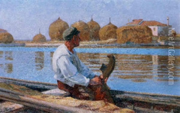 Man In A Boat Looking Across A Canal Oil Painting - Max Wilhelm Roman