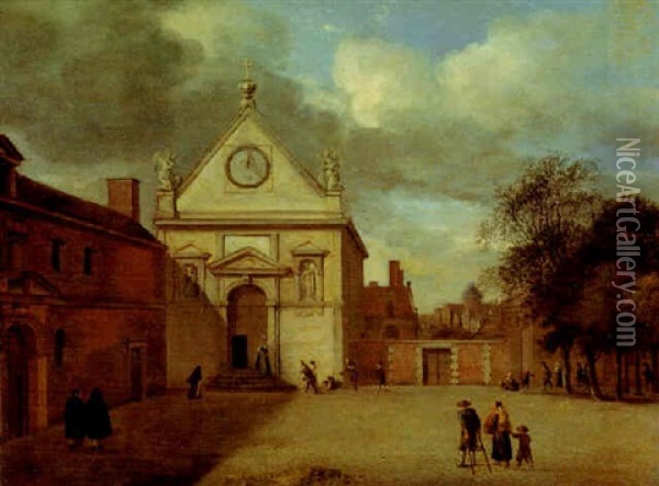 A Town Square With A Baroque Church Oil Painting - Jan Van Der Heyden